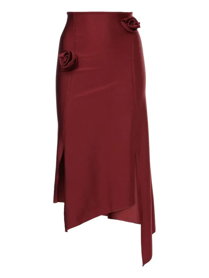 Floral-appliqué asymmetric midi skirt