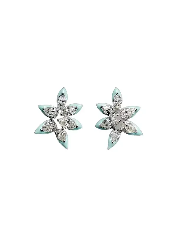 Asymmetric floral 18kt white gold earrings with enamel and diamonds