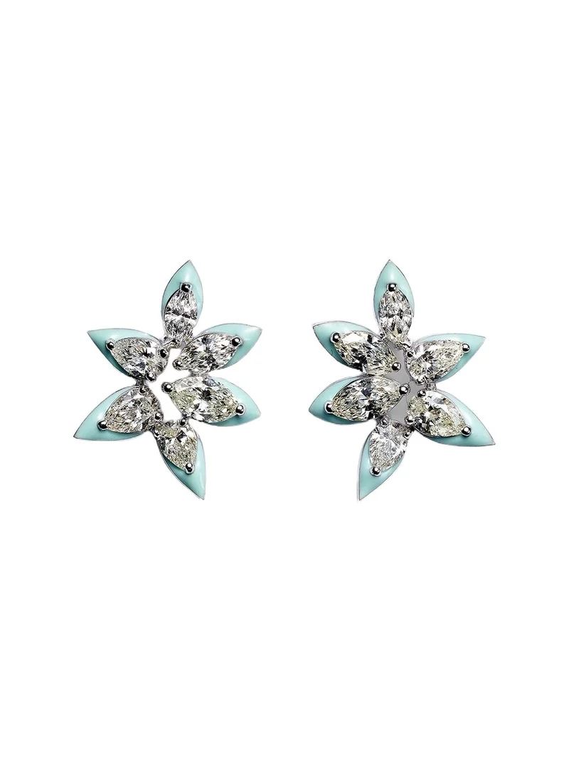 Kamyen Asymmetric floral 18kt white gold earrings with enamel and diamonds
