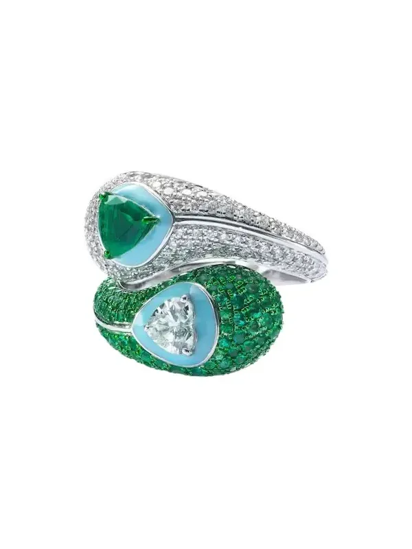 Ying Yang 18kt white gold and enamel ring with emeralds and diamonds
