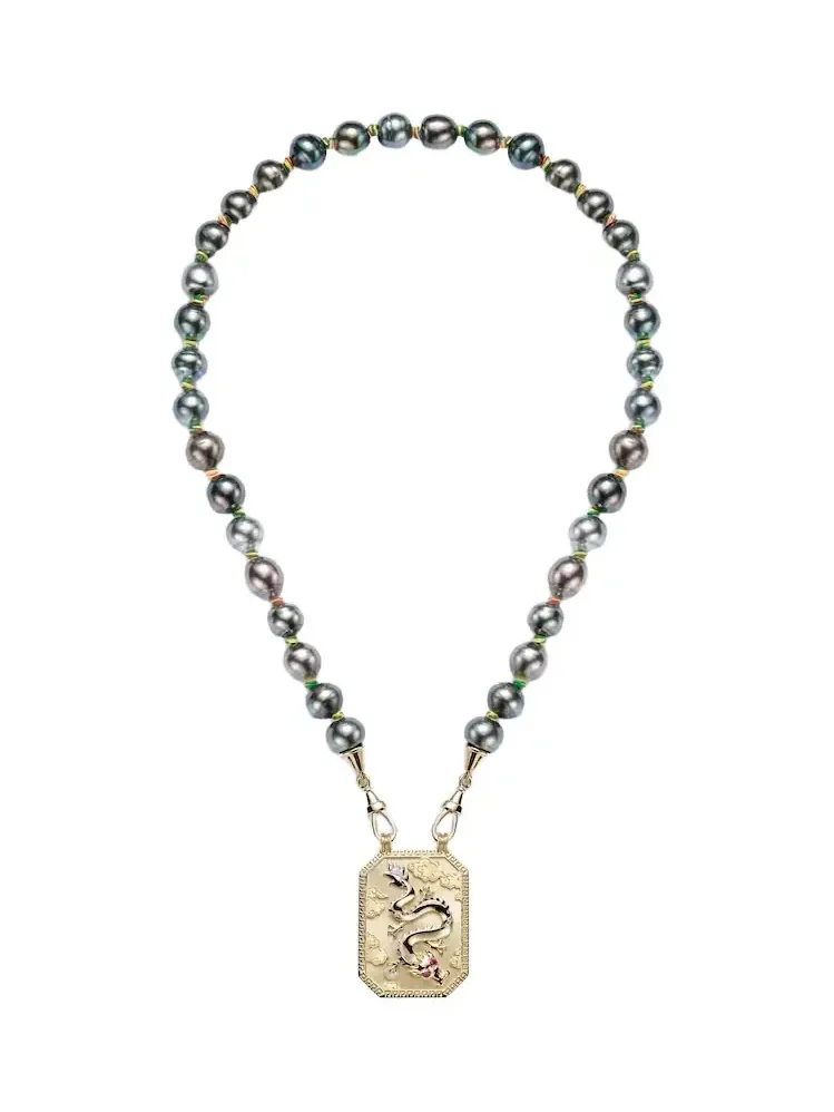 Marie Lichtenberg Dragon 18kt gold pendant necklace with pearl and rubies