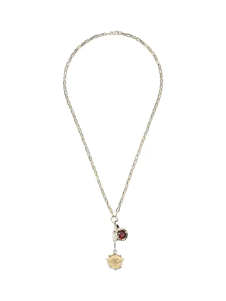 Vivacity and Internal Compass 18kt gold necklace with diamonds and garnet Vivacity and Internal Compass 18kt gold necklace with diamonds and garnet