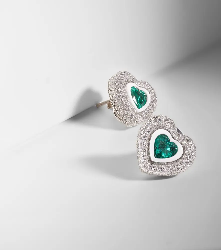 Kamyen Heart 18kt white gold and enamel earrings with diamonds and emeralds | Thumbnail 5 Kamyen Heart 18kt white gold and enamel earrings with diamonds and emeralds | Thumbnail 5