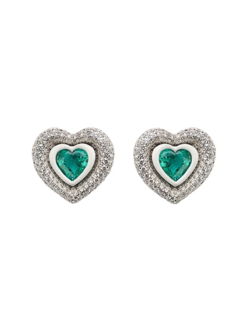 Kamyen Heart 18kt white gold and enamel earrings with diamonds and emeralds