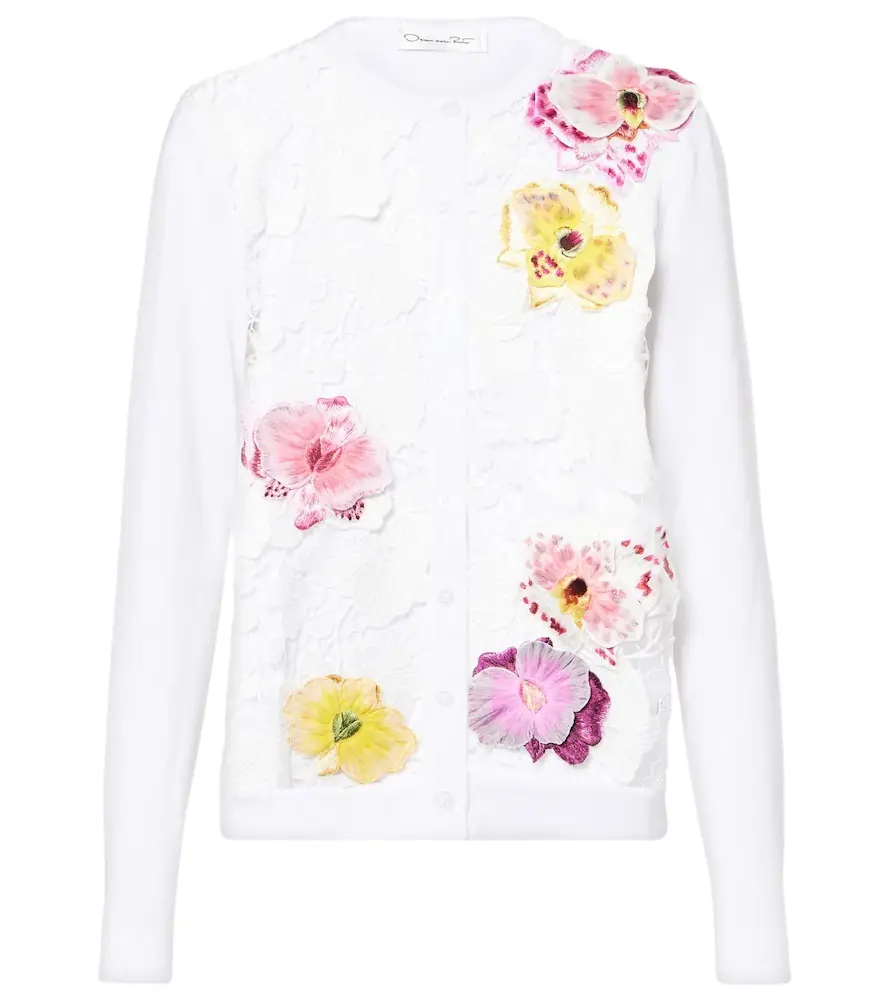 Oscar de la Renta Floral-appliqué cotton-blend cardigan | Image 1 Oscar de la Renta Floral-appliqué cotton-blend cardigan | Image 1