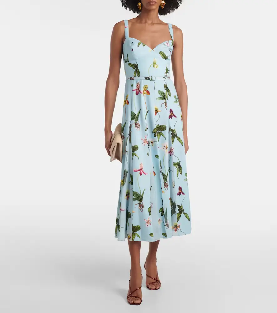 Oscar de la Renta Floral belted cady midi dress | Thumbnail 4 Oscar de la Renta Floral belted cady midi dress | Thumbnail 4