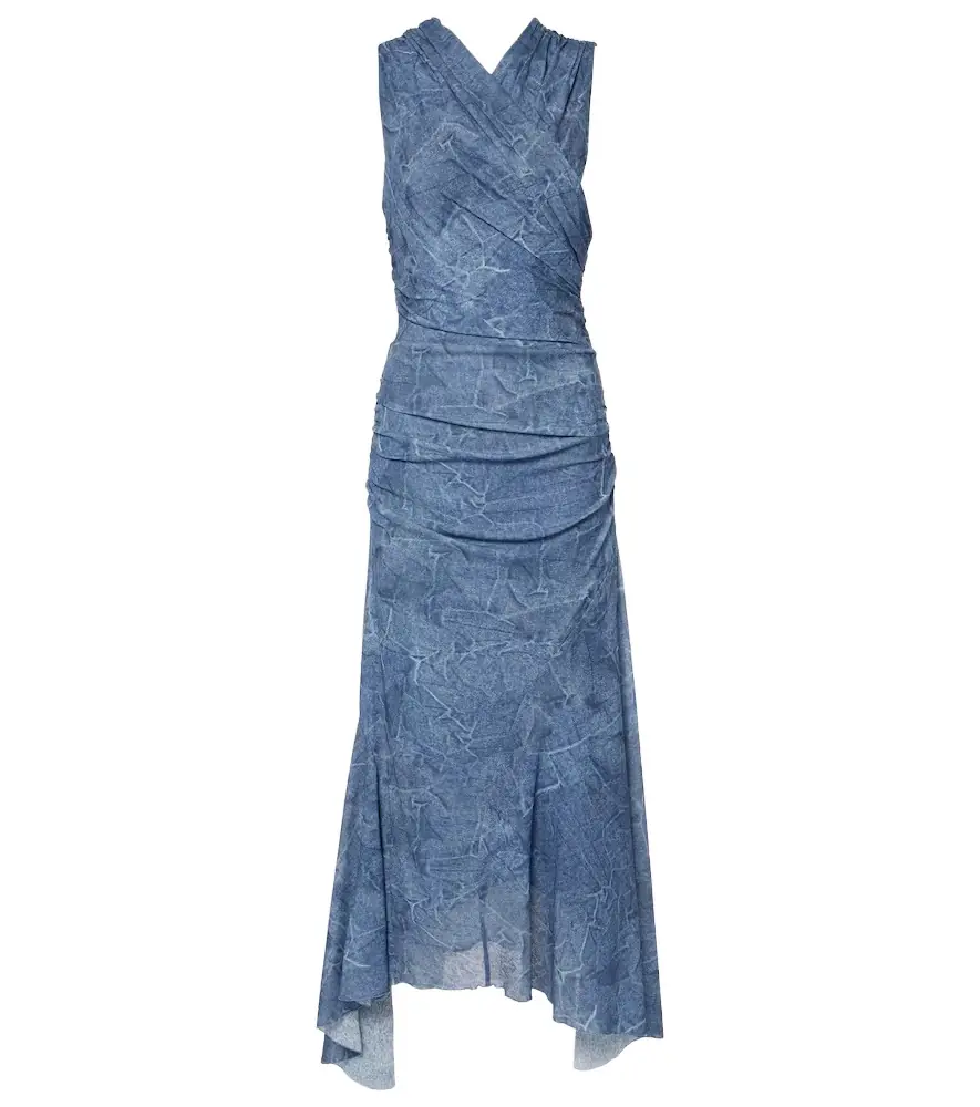 Ganni Printed ruched mesh maxi dress