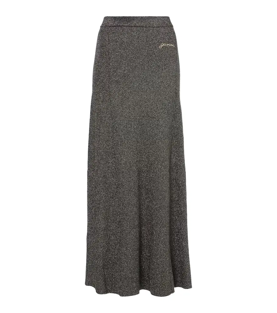Ganni Ribbed-knit lamé maxi skirt