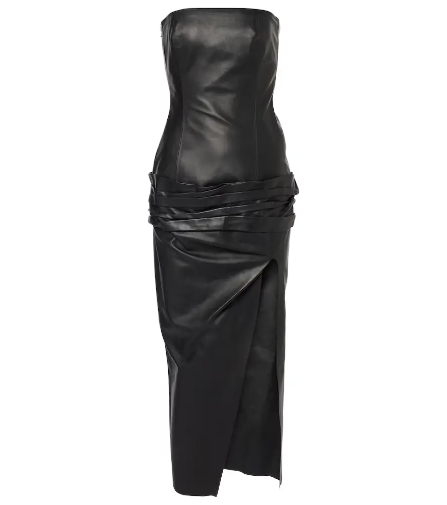 The Attico Draped strapless leather midi dress | Image 1 The Attico Draped strapless leather midi dress | Image 1