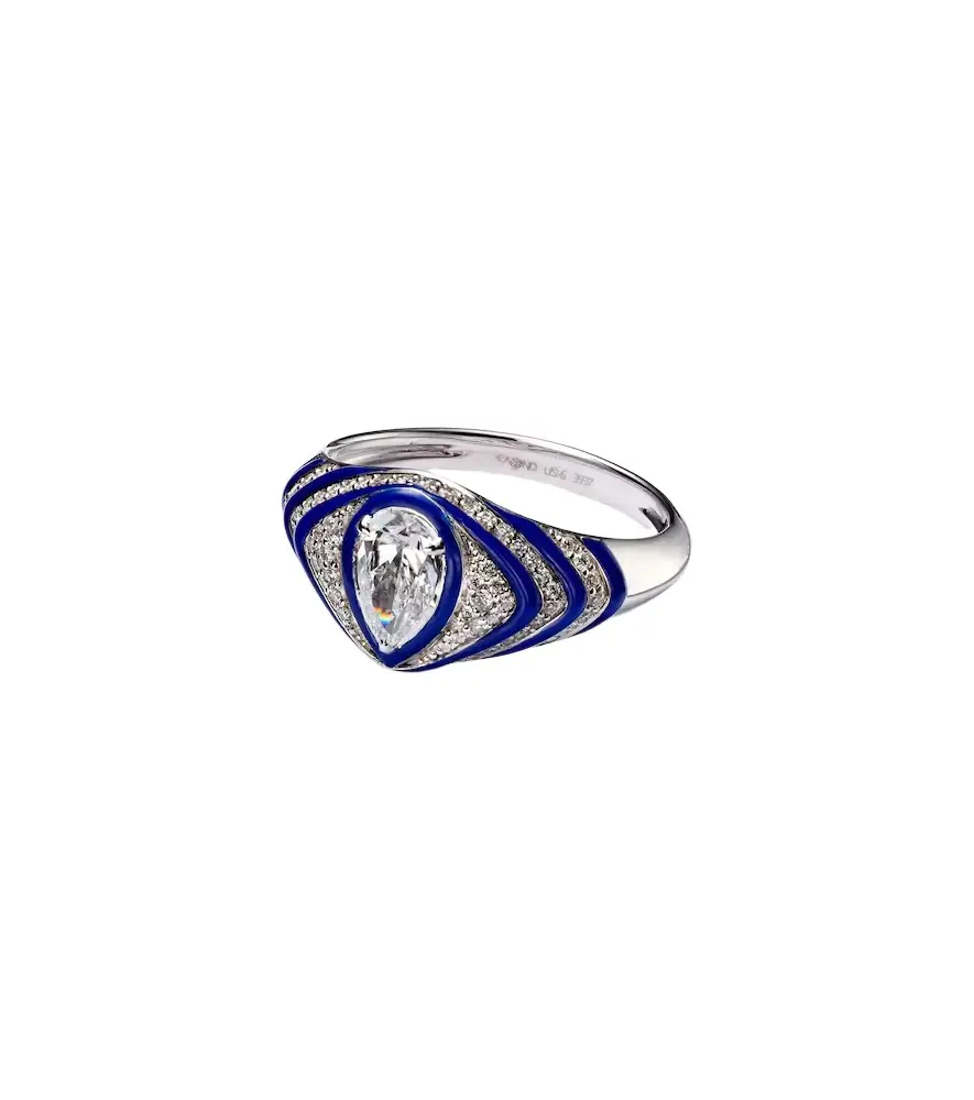 Kamyen Striped Pear 18kt white gold and enamel pinky ring with diamonds | Image 1 Kamyen Striped Pear 18kt white gold and enamel pinky ring with diamonds | Image 1