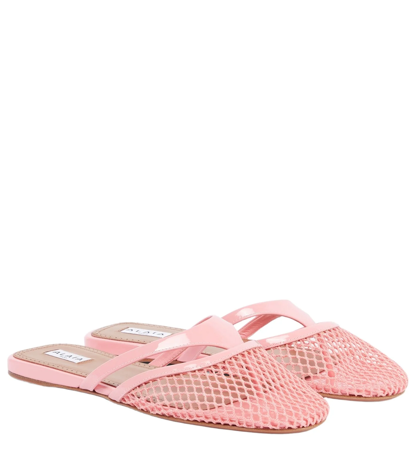 ALAÏA Patent leather-trimmed fishnet mules ALAÏA Patent leather-trimmed fishnet mules