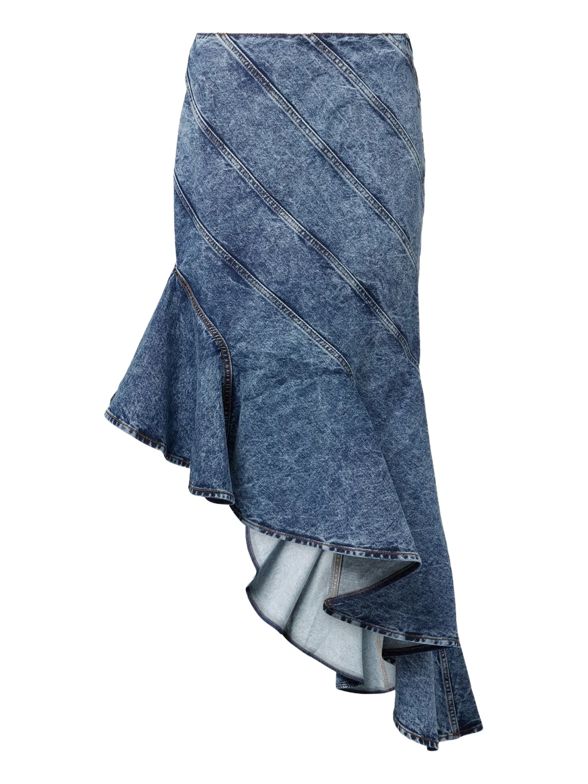 Spiral asymmetric denim midi skirt