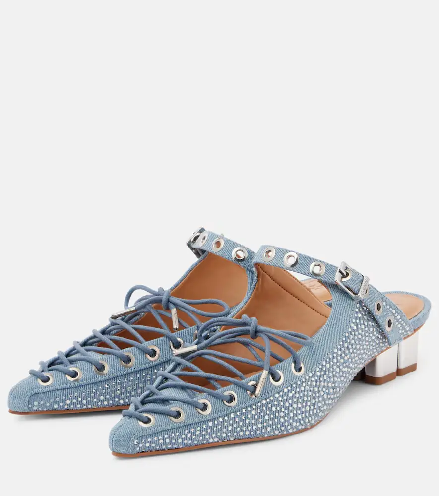 Ganni Embellished lace-up denim mules | Thumbnail 3 Ganni Embellished lace-up denim mules | Thumbnail 3
