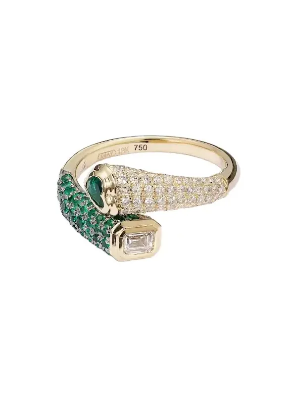Mixed Bypass 18kt gold ring with emeralds and diamonds Mixed Bypass 18kt gold ring with emeralds and diamonds