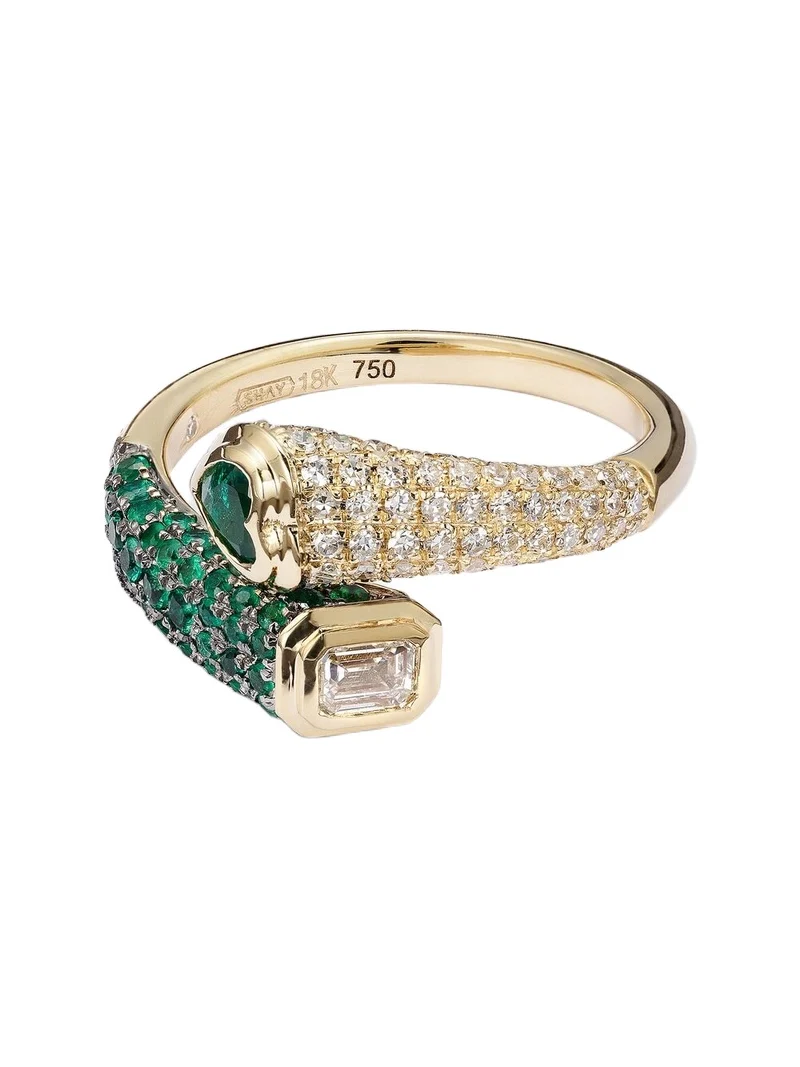 Mixed Bypass 18kt gold ring with emeralds and diamonds Mixed Bypass 18kt gold ring with emeralds and diamonds