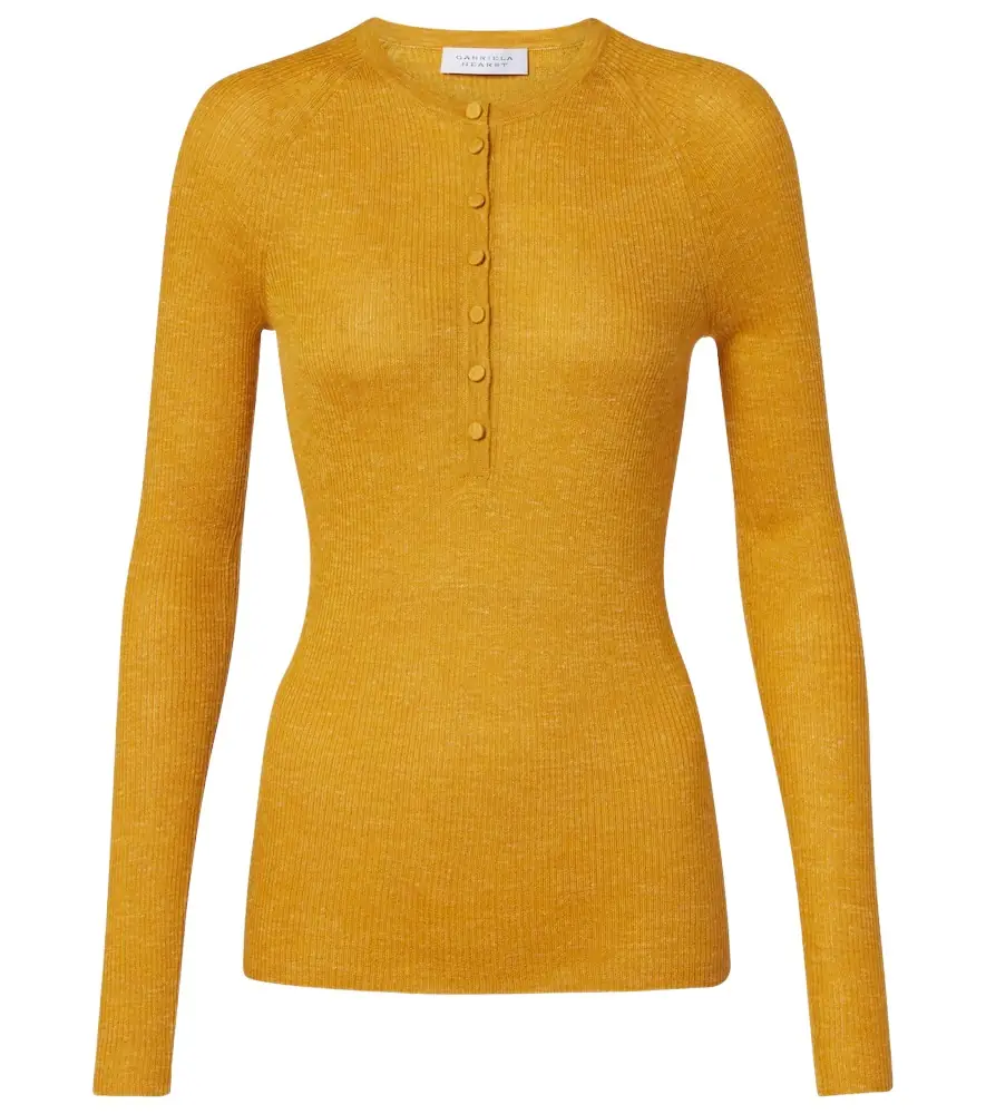 Gabriela Hearst Anges Knit Henley in Antelope Orange Cashmere Silk with Hemp | Image 1 Gabriela Hearst Anges Knit Henley in Antelope Orange Cashmere Silk with Hemp | Image 1