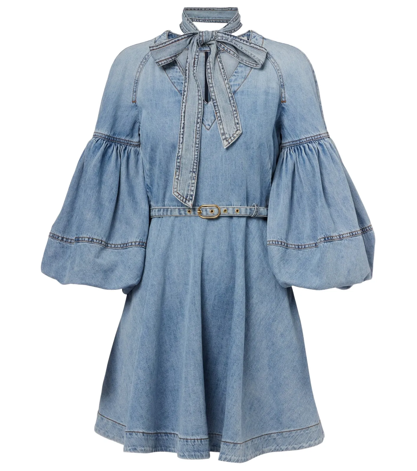 Tie-neck puff-sleeve denim minidress
