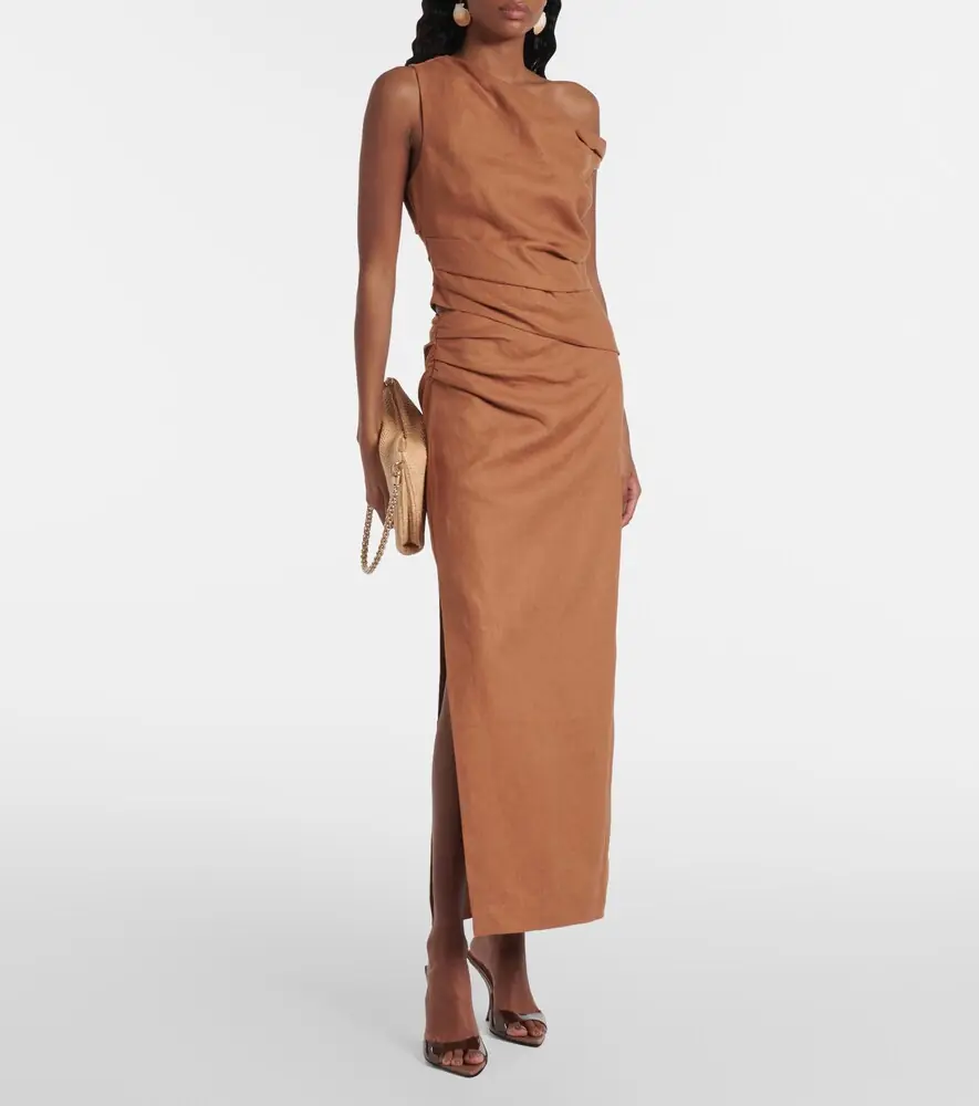 SIR. Asymmetric ruched linen midi skirt | Thumbnail 4