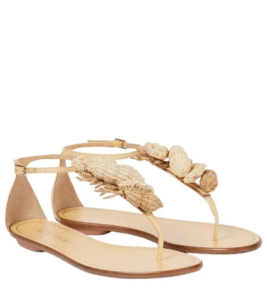 Aquazzura Marea raffia-trimmed leather thong sandals