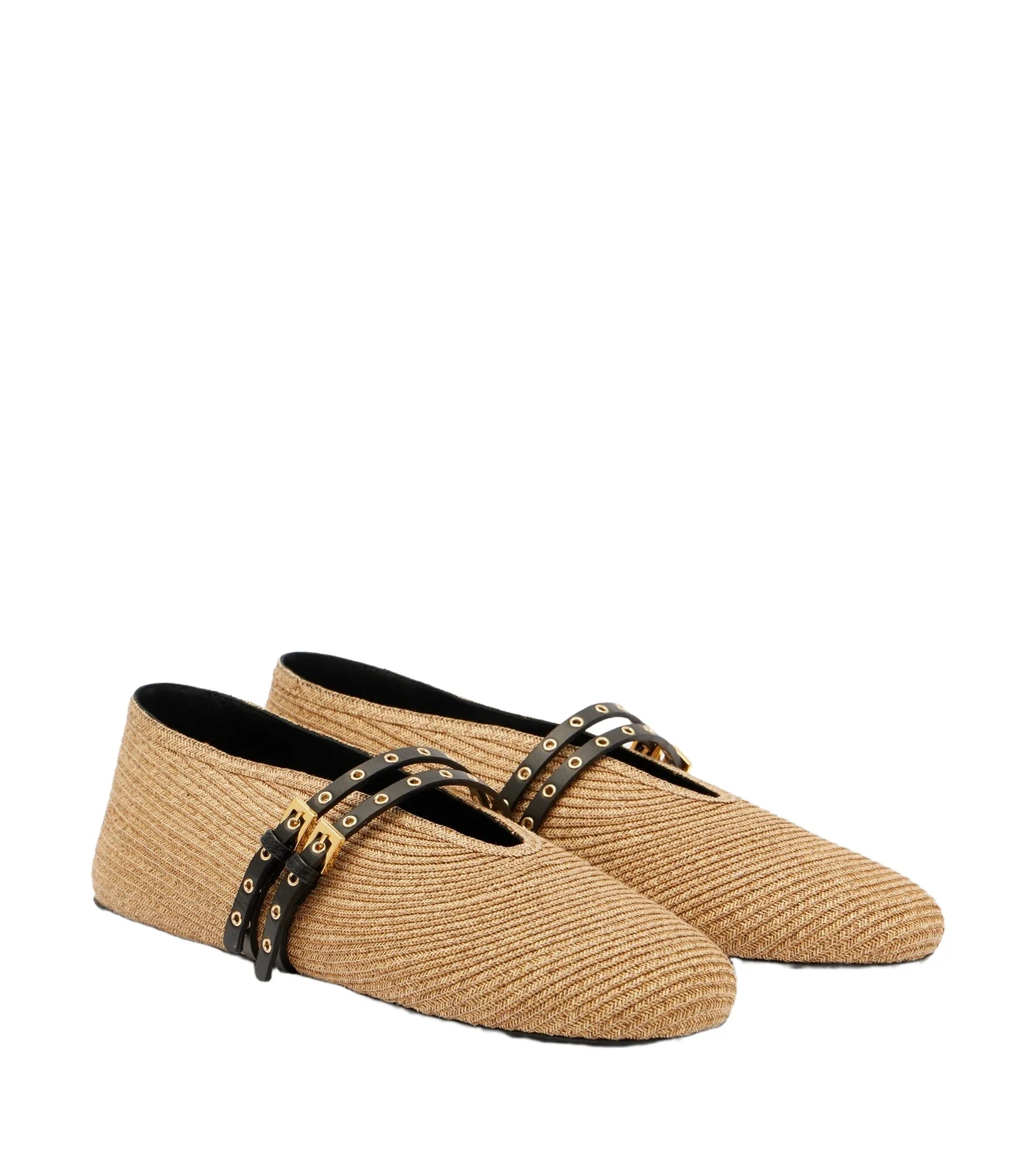Leather-trimmed straw ballet flats