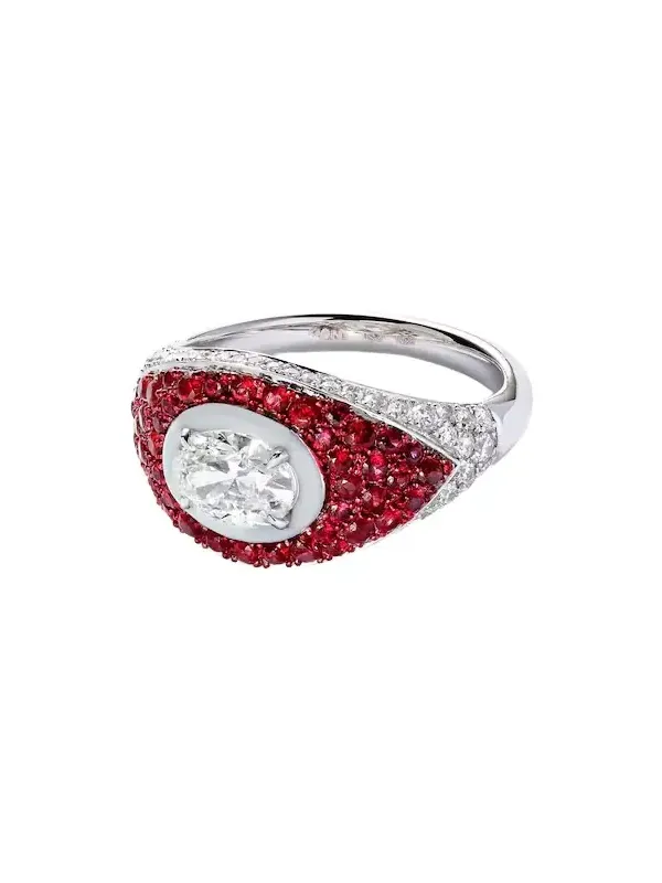18kt white gold pinky ring with diamonds and rubies