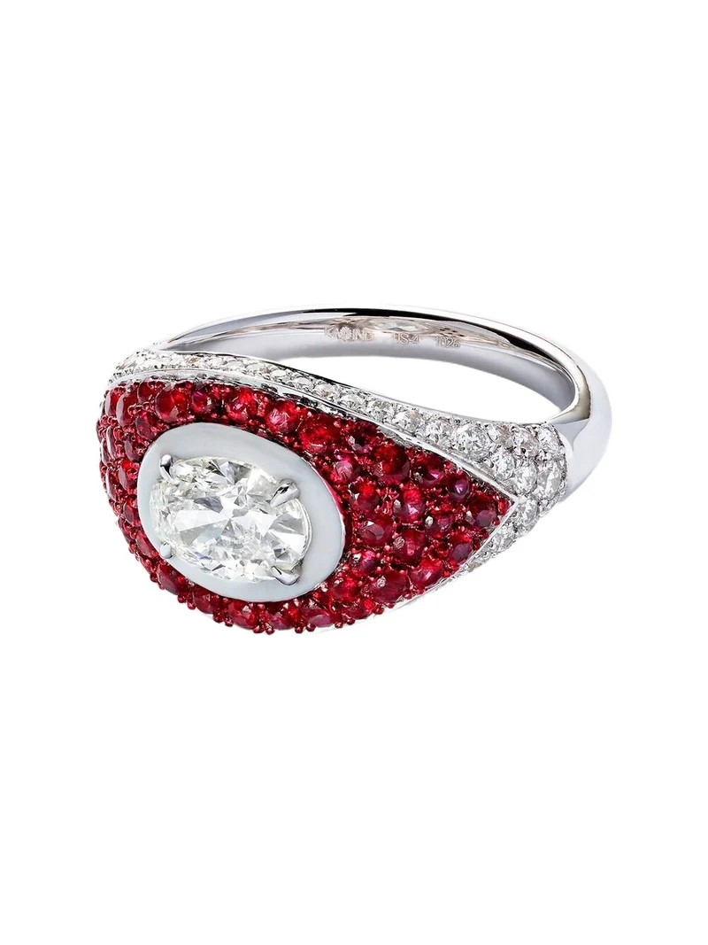 18kt white gold pinky ring with diamonds and rubies