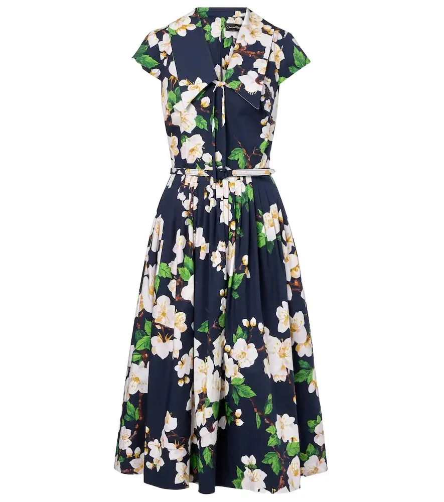Oscar de la Renta Floral pleated cotton-blend midi dress | Image 1 Oscar de la Renta Floral pleated cotton-blend midi dress | Image 1