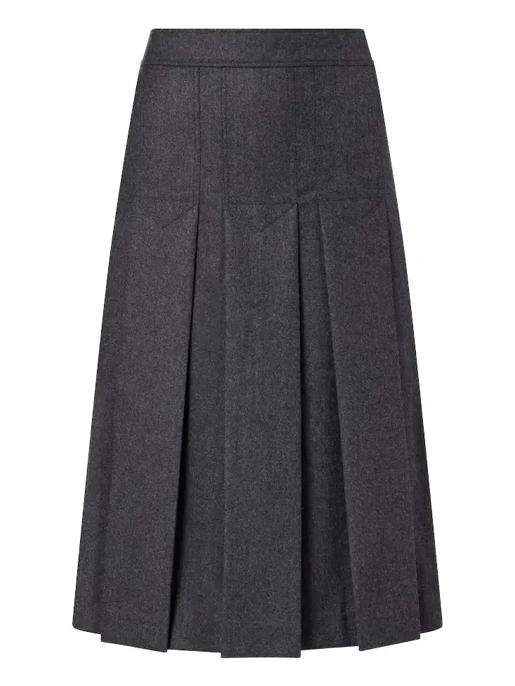 Pleated virgin wool flannel midi skirt
