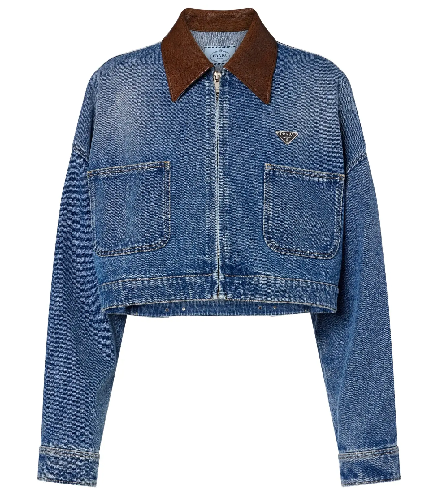 Leather-trimmed cropped denim jacket Leather-trimmed cropped denim jacket