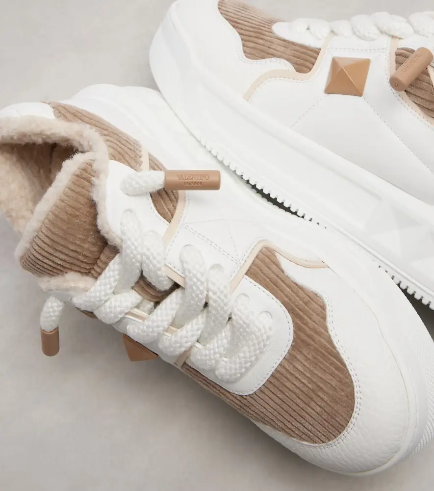 Valentino Garavani One Stud XL leather and corduroy sneakers | Thumbnail 3