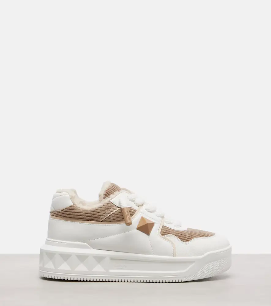 Valentino Garavani One Stud XL leather and corduroy sneakers | Thumbnail 4