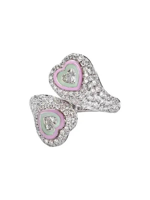 Gemini Heart 18kt white gold and enamel pinky ring with diamonds