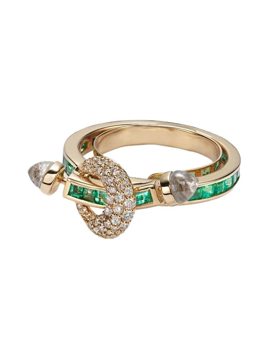 Ananya Chakra 18kt gold ring with emeralds and gemstones