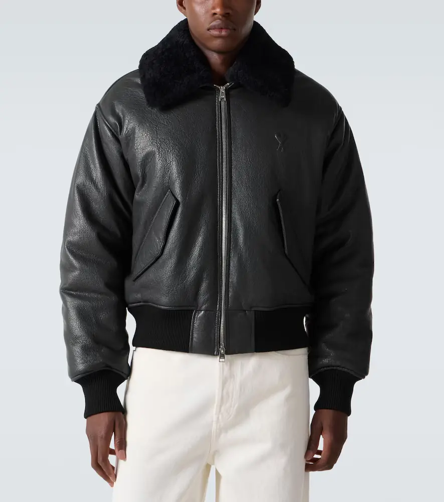 AMI PARIS Shearling-trimmed leather bomber jacket | Thumbnail 4 AMI PARIS Shearling-trimmed leather bomber jacket | Thumbnail 4