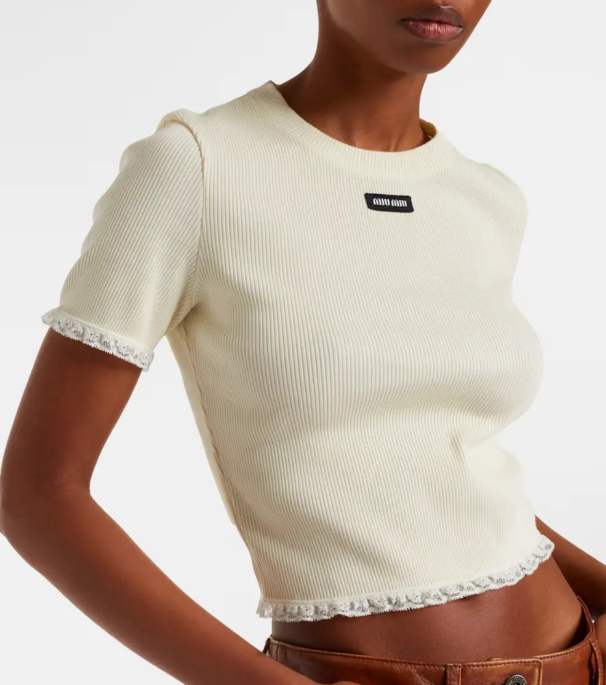 Miu Miu Cropped lace-trimmed cotton T-shirt | Thumbnail 3