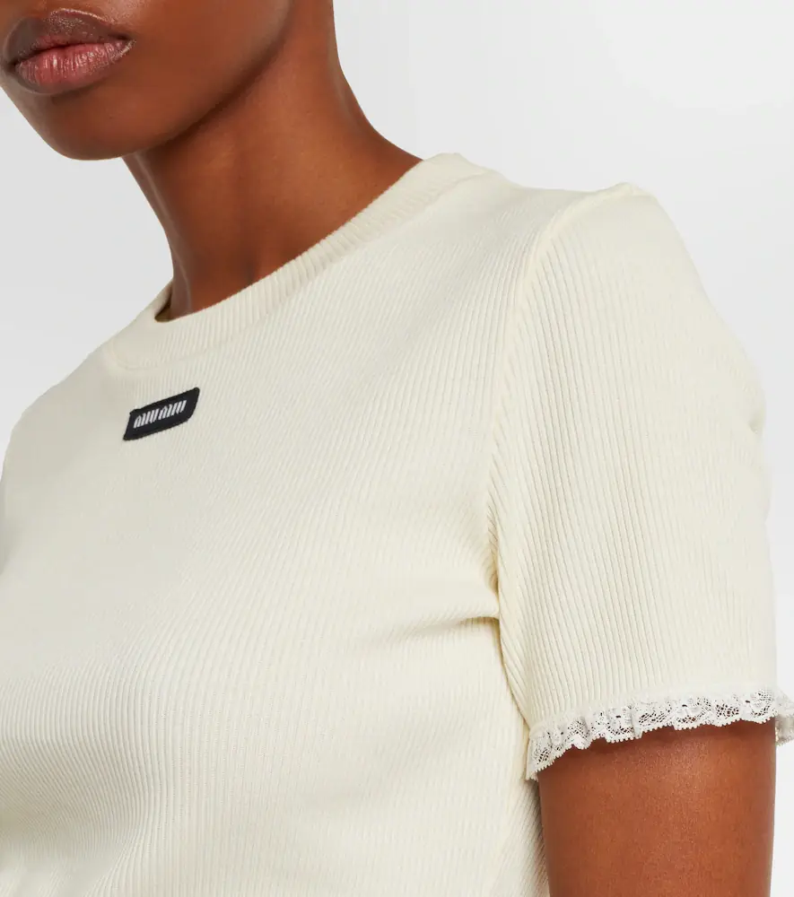 Miu Miu Cropped lace-trimmed cotton T-shirt | Thumbnail 4