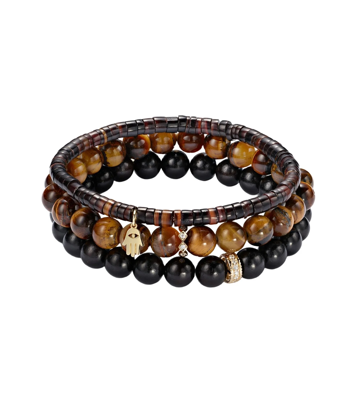 Set of 3 14kt gold beaded bracelets with gemstones Set of 3 14kt gold beaded bracelets with gemstones