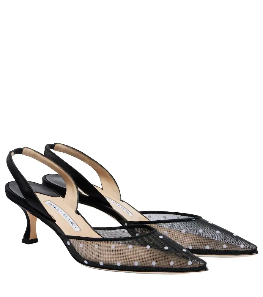 Manolo Blahnik Carolyne 50 polka-dot mesh slingback pumps