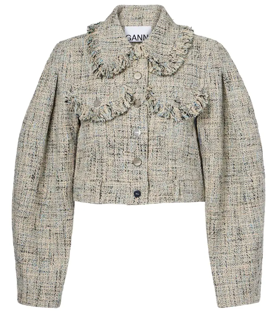 Ganni Cropped cotton tweed jacket
