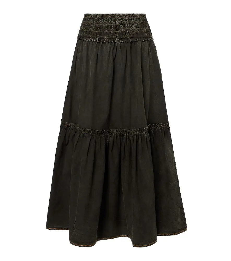 Ganni Smocked tiered cotton maxi skirt