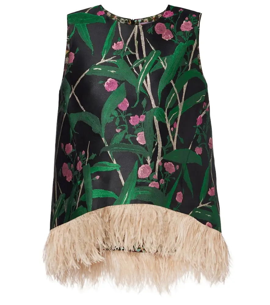 La DoubleJ La Scala feather-trimmed jacquard top