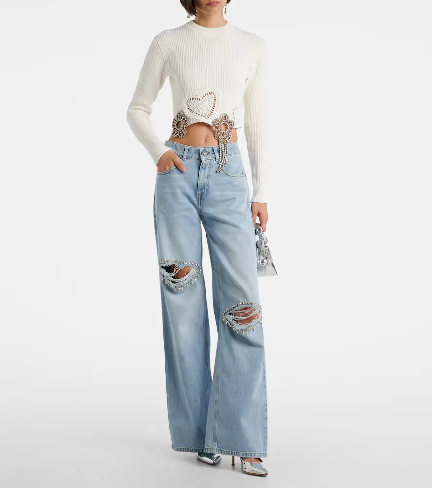 AREA Distressed embellished wide-leg jeans | Thumbnail 3