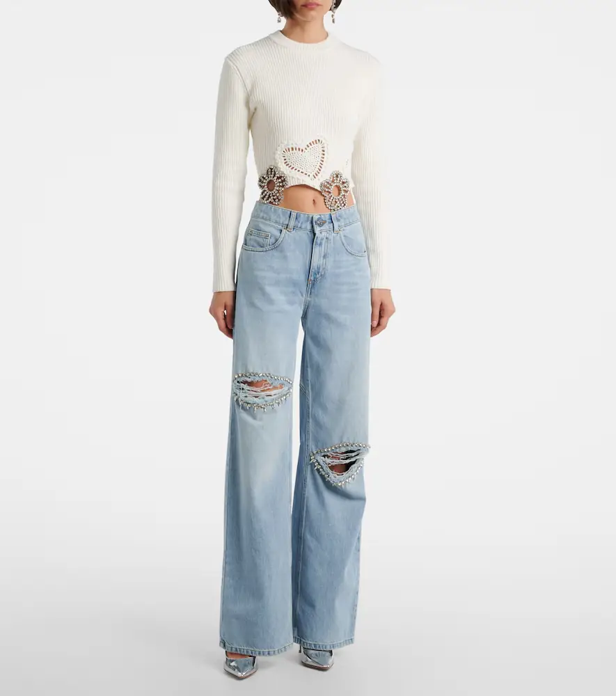AREA Distressed embellished wide-leg jeans | Thumbnail 5
