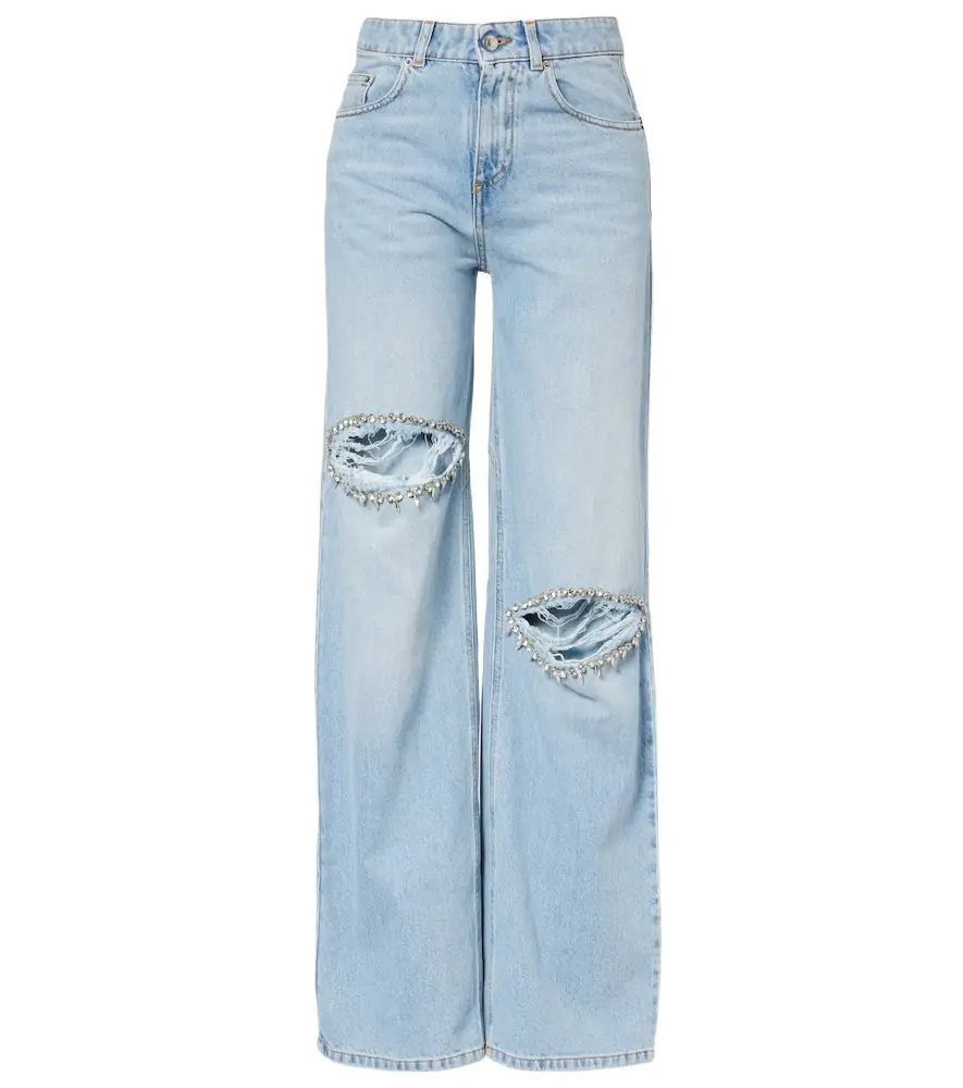 AREA Distressed embellished wide-leg jeans