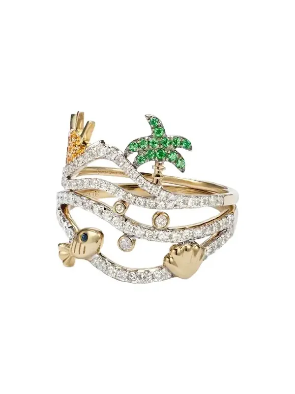 Yvonne Léon La Plage And Sous L'Eau set of 2 9kt gold rings with gemstones