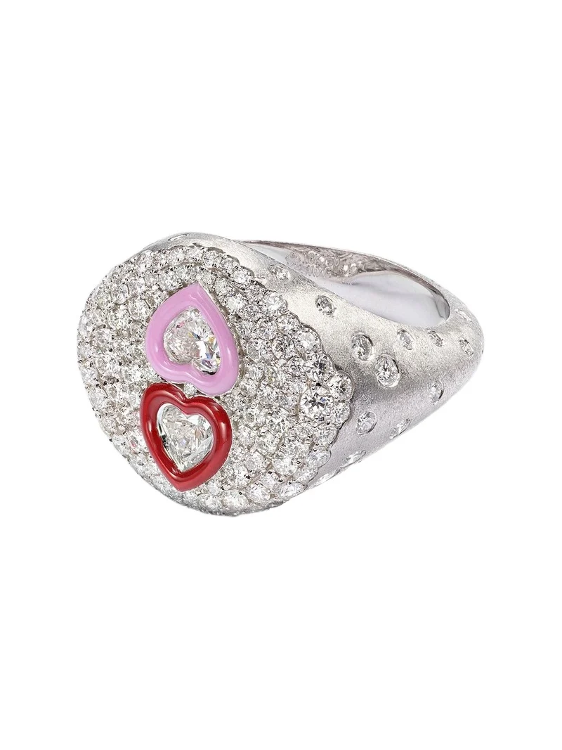 18kt white gold ring with diamonds and enamel