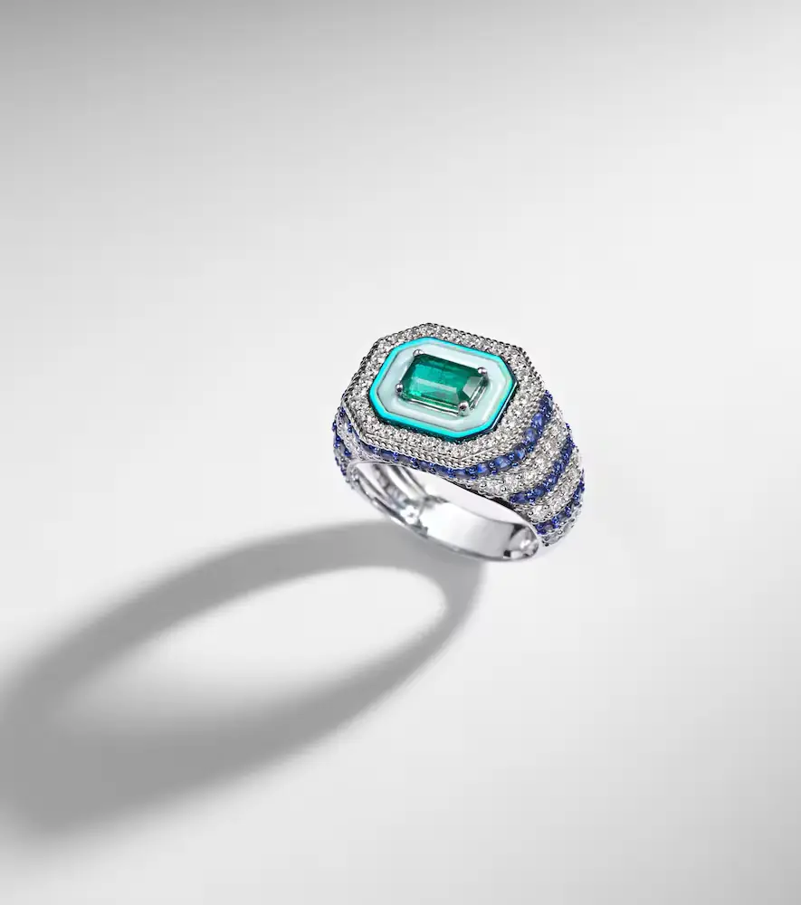 Kamyen Twin Flame 18kt white gold pinky ring with diamonds and enamel | Thumbnail 5