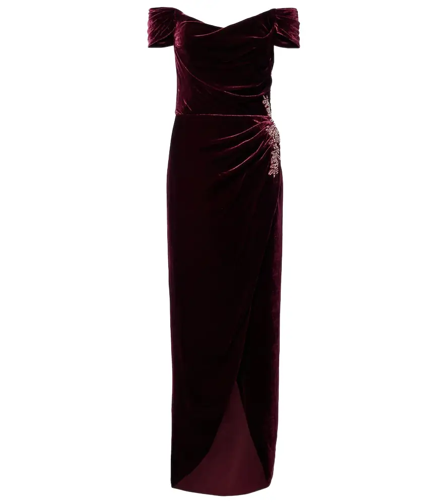 Costarellos Embellished off-shoulder velvet gown