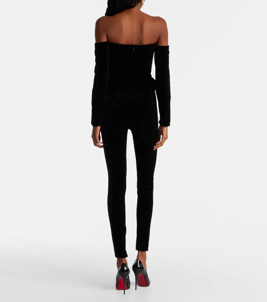 Alessandra Rich Bow-detail ruffled off-shoulder velvet jumpsuit | Thumbnail 2 Alessandra Rich Bow-detail ruffled off-shoulder velvet jumpsuit | Thumbnail 2