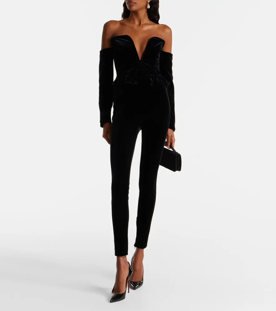 Alessandra Rich Bow-detail ruffled off-shoulder velvet jumpsuit | Thumbnail 5 Alessandra Rich Bow-detail ruffled off-shoulder velvet jumpsuit | Thumbnail 5